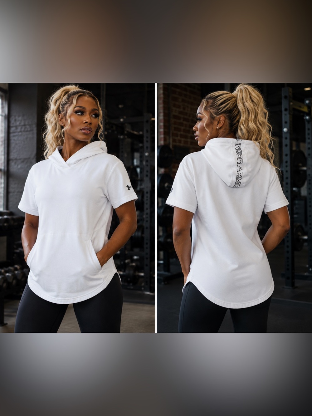 Under Armour women’s short sleeve pullover hoodie in white with black accents.